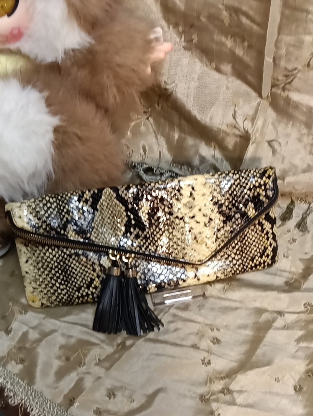 Henri Bendel Snake-Print Foldover Clutch with Tassel - Black & Tan